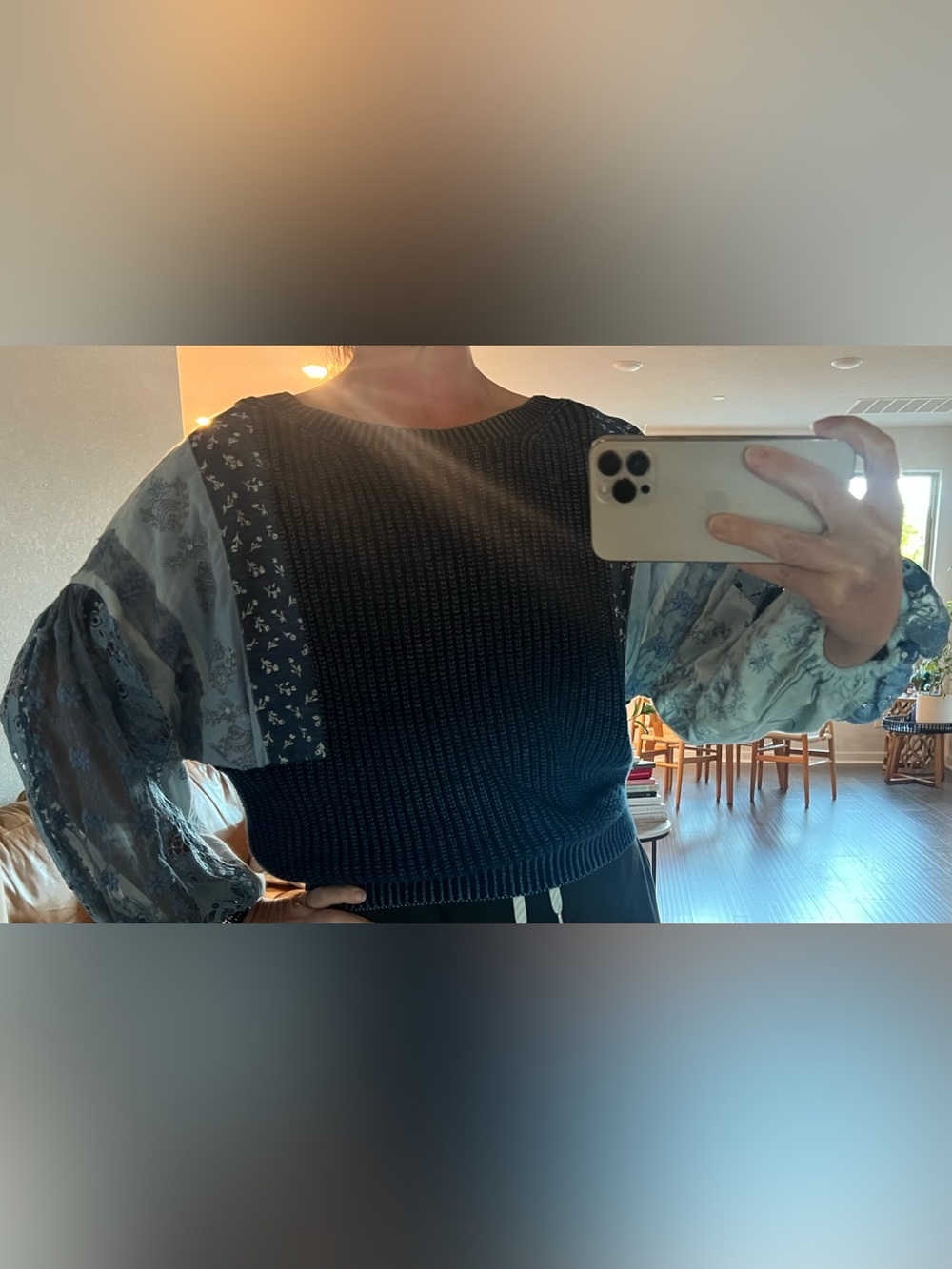 Pilcro Navy Ribbed Sweater with Patterned Sheer Balloon Sleeves